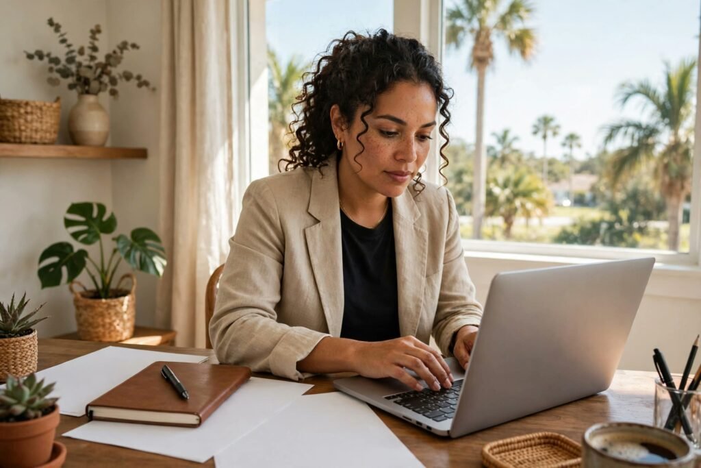 Emprendedora latina solicitando el EIN de su negocio gratis en línea desde su oficina en Florida