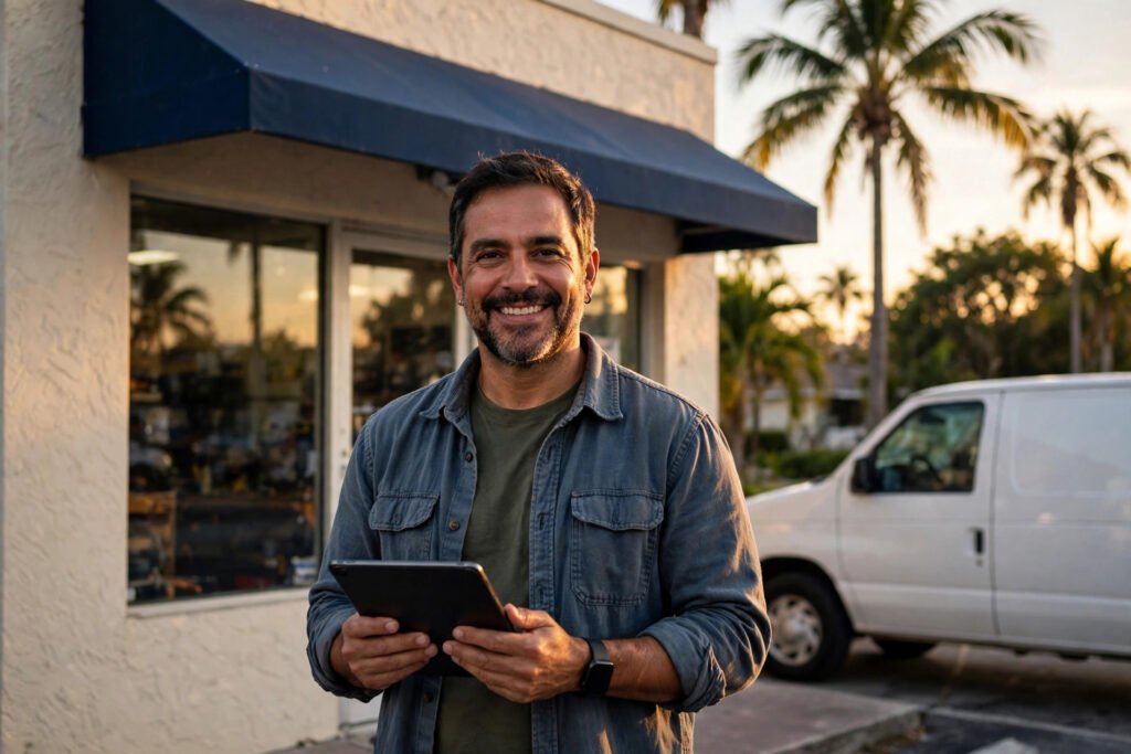 Emprendedor latino frente a su negocio en Florida